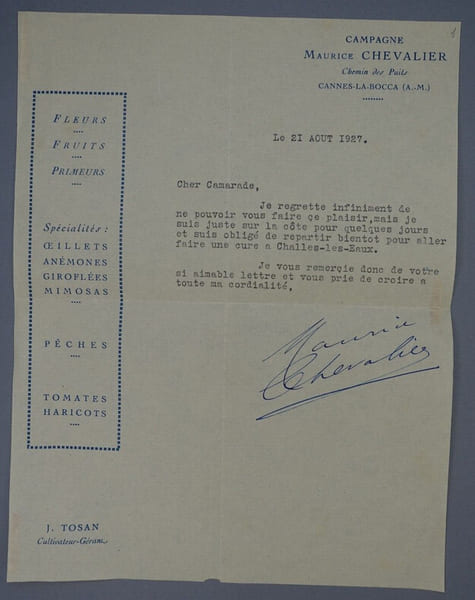 Maurice CHEVALIER - LETTRE TAPUSCRITE SIGN&Eacute;E, 1927. Maurice CHEVALIER