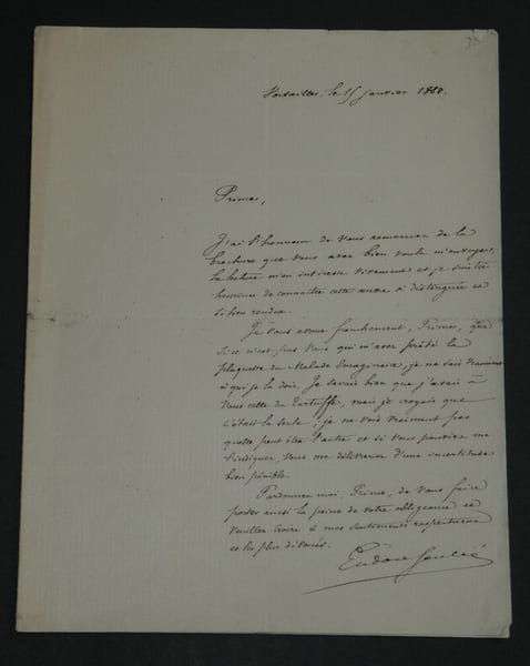 Eudore SOULI&Eacute; - Lettre autographe sign&eacute;e au Prince, 15 janvier 1868. Eudore SOULI&Eacute;