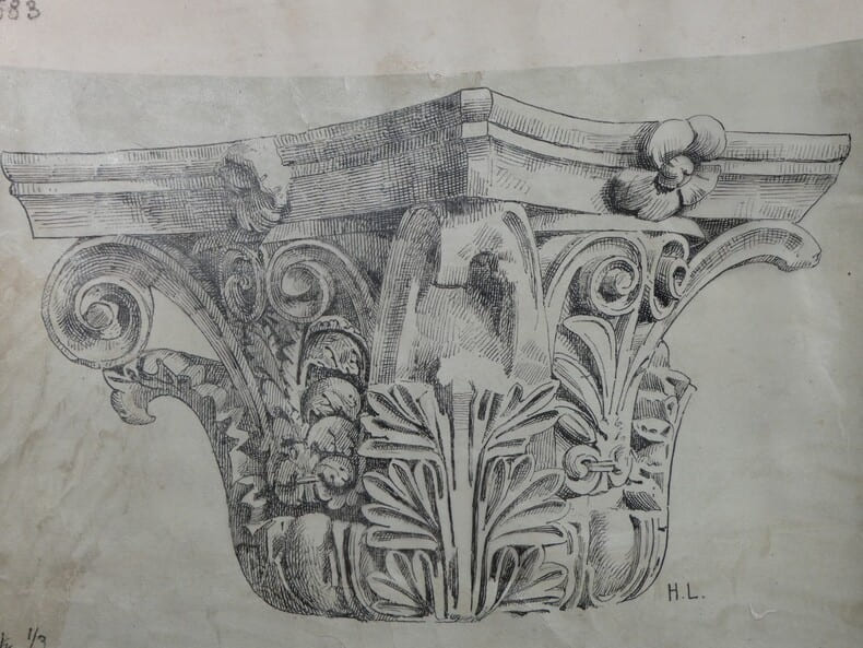 Chapiteau composite du IIe si&egrave;cle (Mus&eacute;e profane de Saint-Jean-de-Latran) — Dessin original sign&eacute;, encre, vers 1930. Louis Henri Laffill&eacute;e