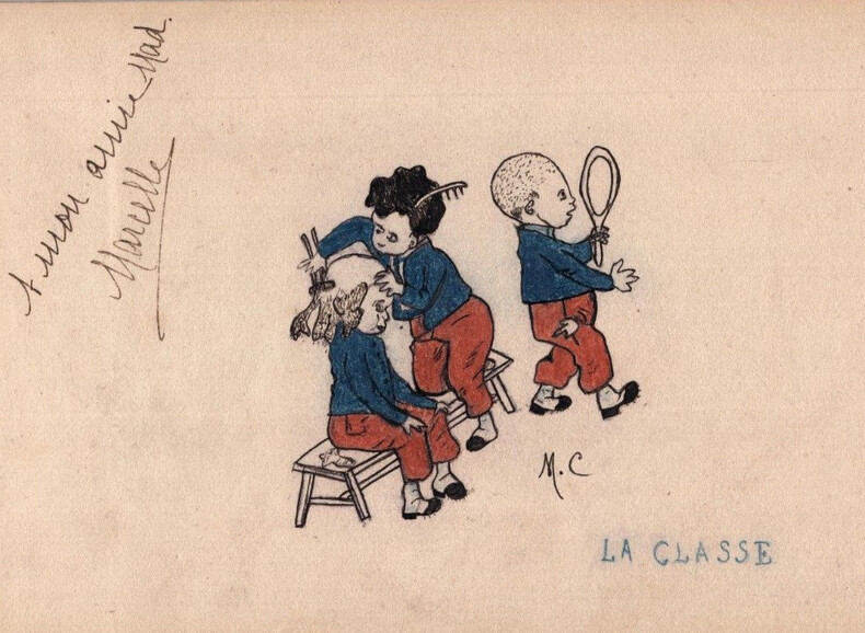 Dessin au crayon et &agrave; la pastel humoristique "LA CLASSE" – sign&eacute; M.C.. M.C.