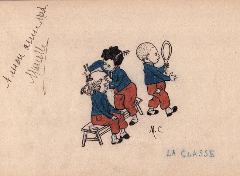 Dessin au crayon et &agrave; la pastel humoristique "LA CLASSE" – sign&eacute; M.C.. M.C.