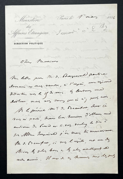 Edouard THOUVENEL, Ancien ministre - LETTRE AUTOGRAPHE SIGN&Eacute;E, 1854. Edouard THOUVENEL