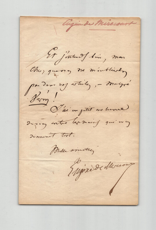 Eug&egrave;ne de Mirecourt - Lettre autographe sign&eacute;e. Eug&egrave;ne de Mirecourt
