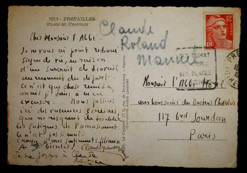 Carte postale sign&eacute;e &agrave; l'Abb&eacute; Morel, Nantes. Claude Roland-Manuel