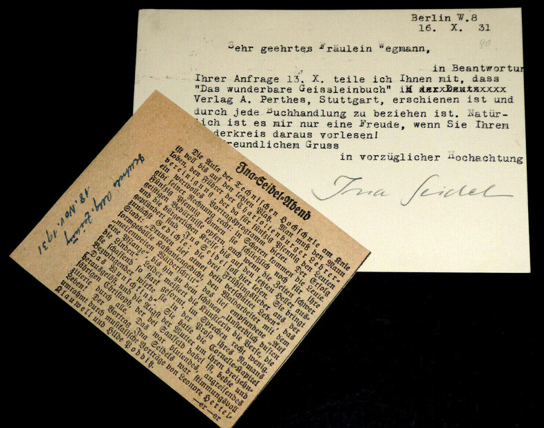 INA SEIDEL CARTE POSTALE TAPUSCRITE SIGNEE DATEE DU 16 OCTOBRE 1931. Ina Seidel