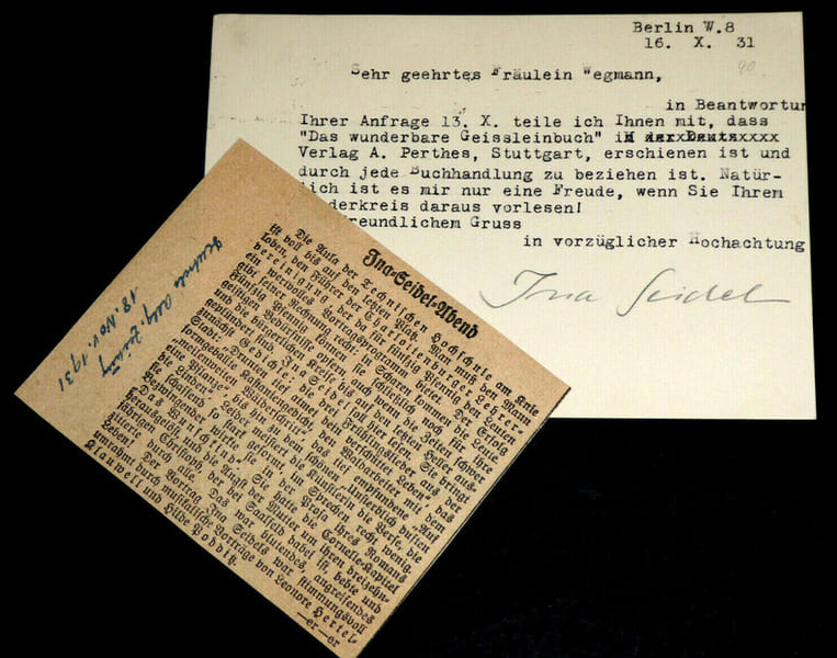 INA SEIDEL CARTE POSTALE TAPUSCRITE SIGNEE DATEE DU 16 OCTOBRE 1931. Ina Seidel