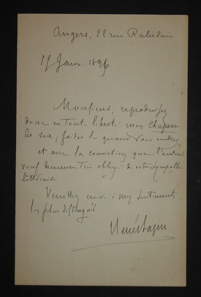 BAZIN Ren&eacute; - LETTRE AUTOGRAPHE SIGNEE, ANGERS 1896. Ren&eacute; Bazin