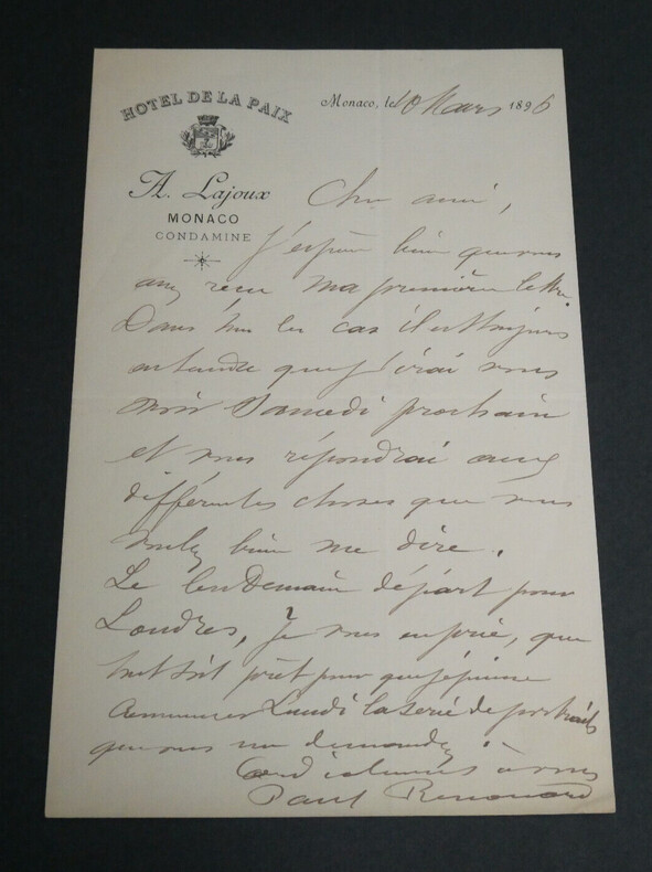 Paul RENOUARD - LETTRE AUTOGRAPHE SIGN&Eacute;E, 10 mars 1896. Paul RENOUARD