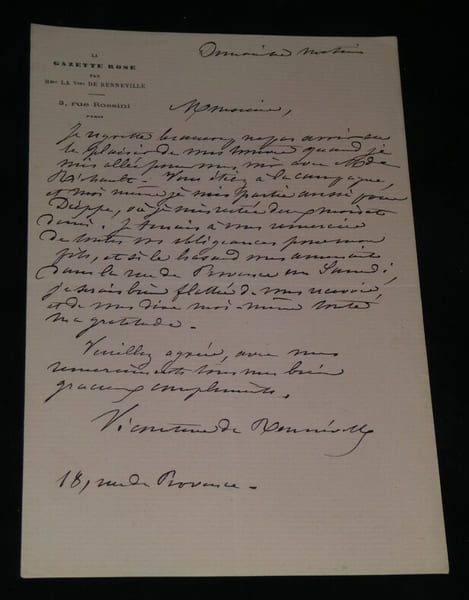 Vicomtesse de Renneville - Lettre autographe sign&eacute;e "moi m&ecirc;me je suis partie". Vicomtesse de Renneville