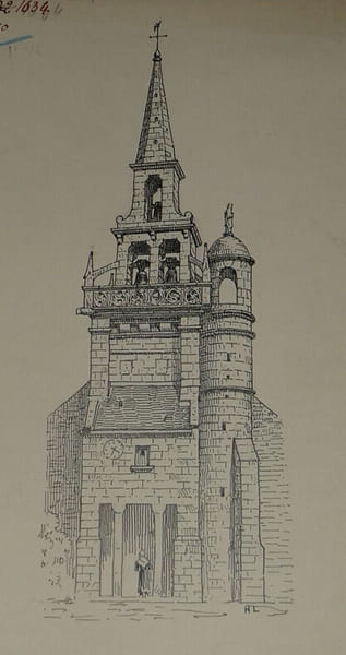 Dessin original sign&eacute; - Clocher de l'&eacute;glise de Plouezoc'h. Louis Henri Laffill&eacute;e