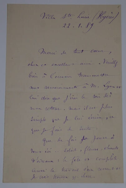 LETTRE AUTOGRAPHE SIGN&Eacute;E, VILLA Ste LUCIE, HY&Egrave;RES, 1889. Arthur Coquard