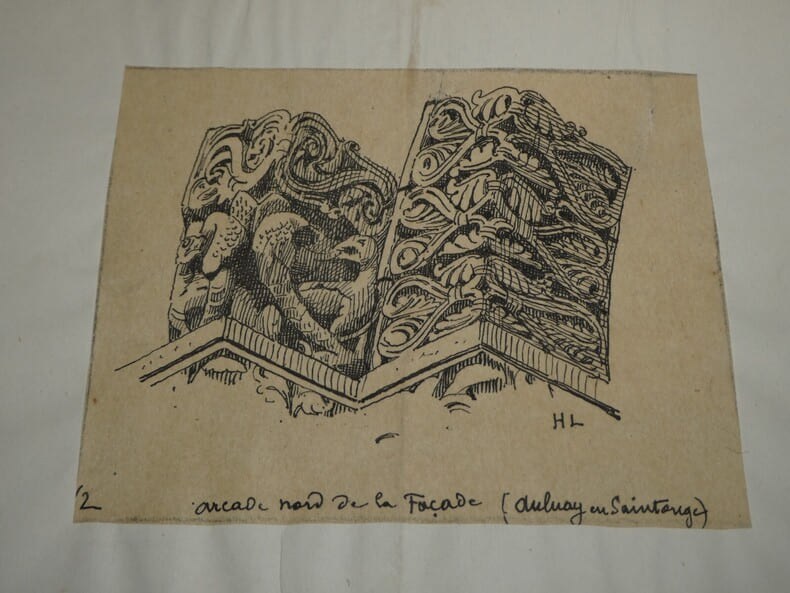 Dessin original sign&eacute; - Voussures de la fa&ccedil;ade, &Eacute;glise d'Aulnay-en-Saintonge. Louis Henri Laffill&eacute;e