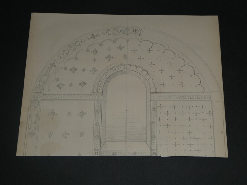 Dessin au crayon, fin XIX&egrave;me, Garret, d&eacute;corateurs, Vesoul , Esquisse Fronton. Garret