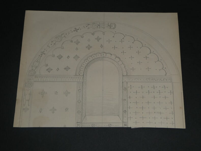 Dessin au crayon, fin XIX&egrave;me, Garret, d&eacute;corateurs, Vesoul , Esquisse Fronton. Garret