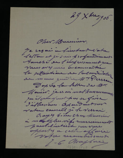 Jules Cl&eacute;ment Chaplain - Lettre autographe sign&eacute;e - 1906. Jules-Cl&eacute;ment Chaplain