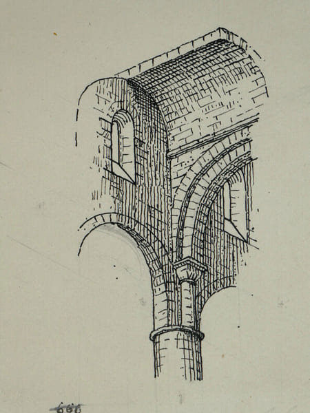 Vo&ucirc;te de l'&eacute;glise Saint-Philibert de Tournus - Dessin original &agrave; l'encre vers 1930. Louis Henri Laffill&eacute;e