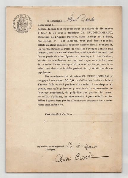 Pouvoir sign&eacute; par Andr&eacute; Barde – Collection coh&eacute;rente de 50 auteurs & musiciens. Andr&eacute; Barde