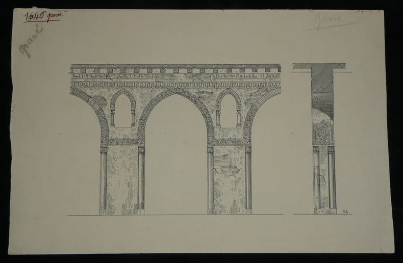 Vue des arcades de la mosqu&eacute;e de Touloun - Dessin original vers 1930. Louis Henri Laffill&eacute;e