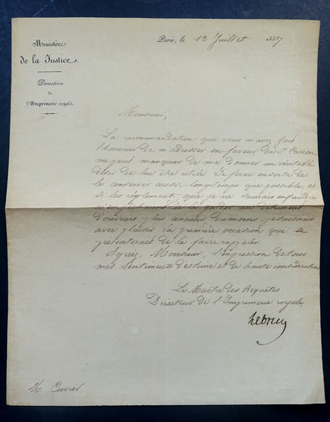 LETTRE SIGN&Eacute;E, R&Eacute;DIG&Eacute;E PAR M. CUVIER, PARIS 1837. LEBRUN Pierre-Antoine