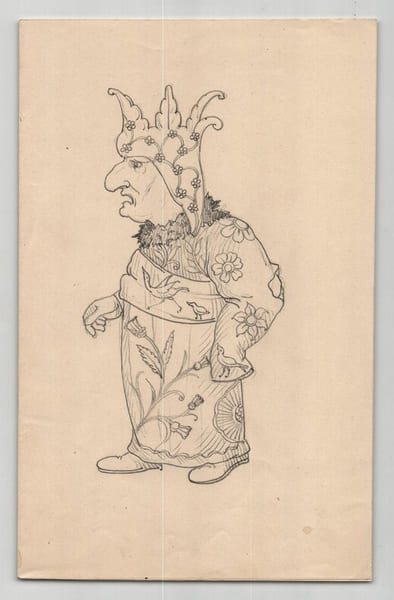 Dessin original d&eacute;but XXe - Caricature de personnage en costume d'apparat - Th&eacute;&acirc;tre - Dessin au crayon. 