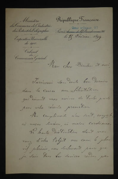 PICARD Alfred LETTRE AUTOGRAPHE SIGN&Eacute;E, MINIST&Egrave;RE COMMERCE INDUSTRIE, PARIS 1899. Alfred Picard