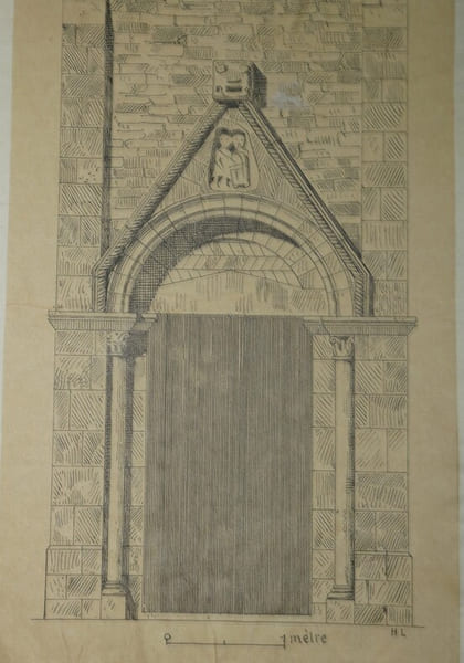 Dessin original sign&eacute; - Portail g&acirc;bl&eacute; de l'&eacute;glise de Ducy (Calvados) - Encre vers 1930. Louis Henri Laffill&eacute;e