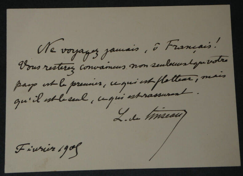 L&eacute;on de TINSEAU - LETTRE AUTOGRAPHE SIGN&Eacute;E "Ne voyagez jamais, &ocirc; Fran&ccedil;ais". L&eacute;on de TINSEAU