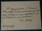 L&eacute;on de TINSEAU - LETTRE AUTOGRAPHE SIGN&Eacute;E "Ne voyagez jamais, &ocirc; Fran&ccedil;ais". L&eacute;on de TINSEAU