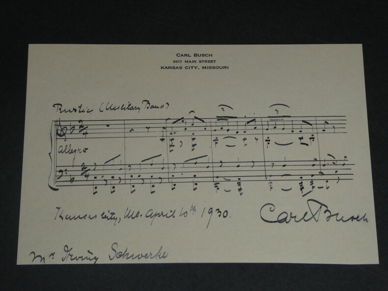 Carl Busch - Double port&eacute;e autographe sign&eacute;e pour (military band), &agrave; Kansas city - 1930. Carl Busch