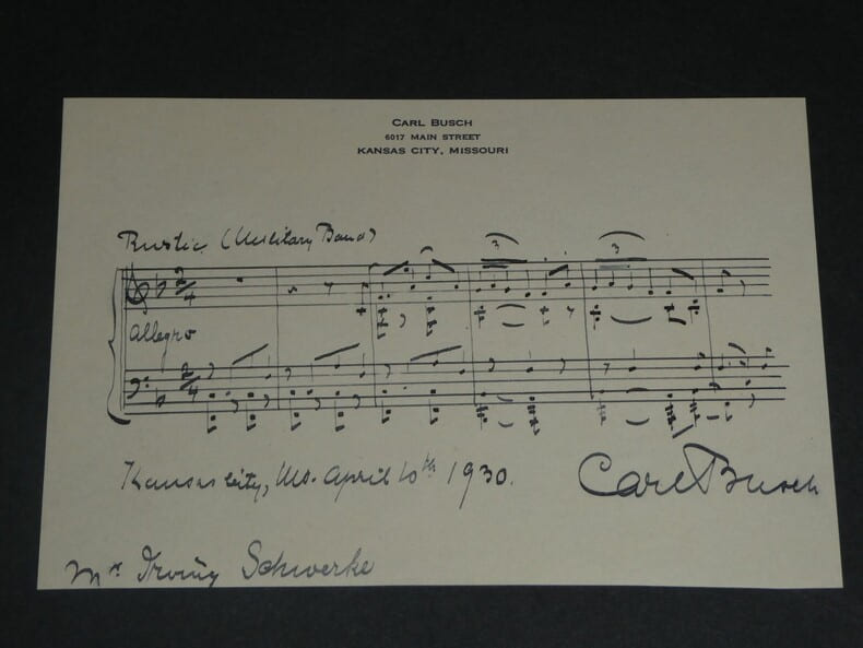 Carl Busch - Double port&eacute;e autographe sign&eacute;e pour (military band), &agrave; Kansas city - 1930. Carl Busch