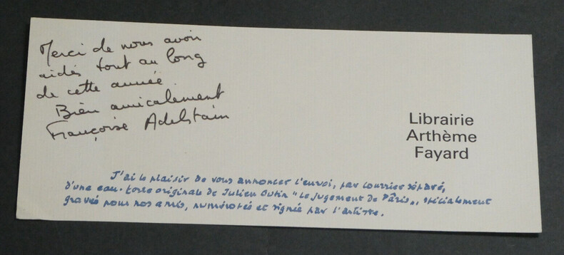Fran&ccedil;oise ADELSTAIN - NOTE DE REMERCIEMENTS AUTOGRAPHE SIGN&Eacute;E. Fran&ccedil;oise ADELSTAIN