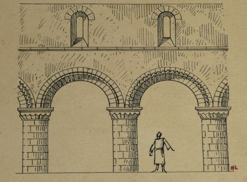 Dessin original sign&eacute; – Trav&eacute;es des &eacute;glises d'&Eacute;tretat et de Man&eacute;glise (XIIe si&egrave;cle). Louis Henri Laffill&eacute;e