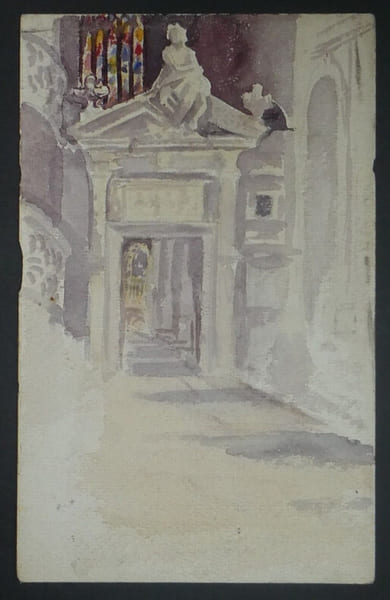 Gouache int&eacute;rieur Cath&eacute;drale vitraux color&eacute;s en arri&egrave;re plan.. 
