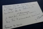Carte de visite simple, sign&eacute;e - Remerciements pour un &Eacute;loge paru dans le journal le Pl&eacute;biscite. Joseph-F&eacute;lix Bouchor