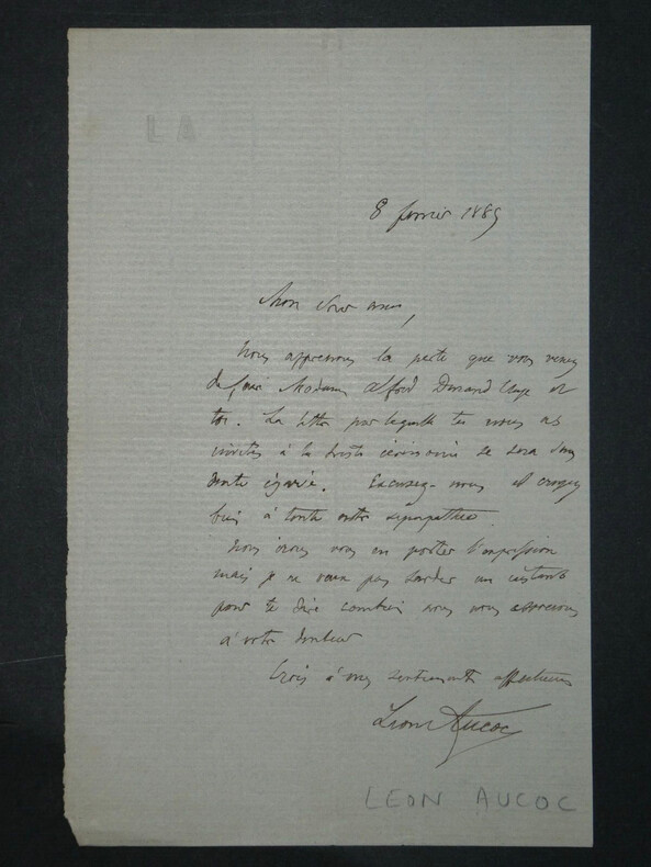 L&eacute;on AUCOC - LETTRE AUTOGRAPHE SIGN&Eacute;E, condol&eacute;ances, 1885. L&eacute;on AUCOC