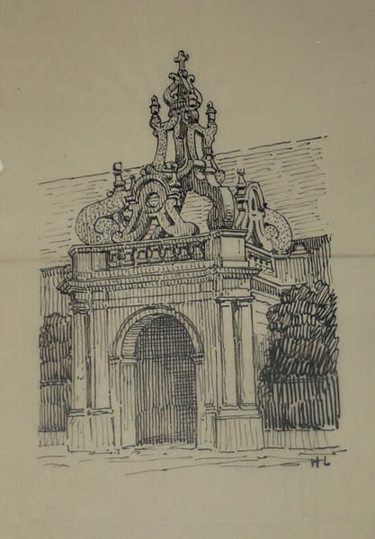 Porche de l'&Eacute;glise de Karnac - Dessin original sign&eacute;. Louis Henri Laffill&eacute;e