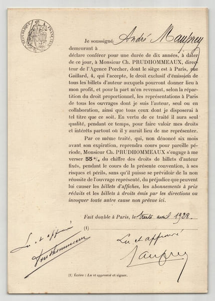 Pouvoir sign&eacute; par Andr&eacute; Mauprey – Collection coh&eacute;rente de 50 auteurs & musiciens. Andr&eacute; Mauprey