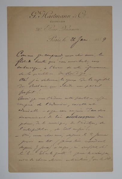HARTMANN Georges - LETTRE AUTOGRAPHE SIGN&Eacute;E, PARIS 1889. Georges Hartmann