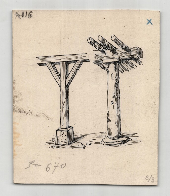 Types rustiques de piliers en bois - Dessin original. Henri Laffill&eacute;e (Louis Henri Laffill&eacute;e)
