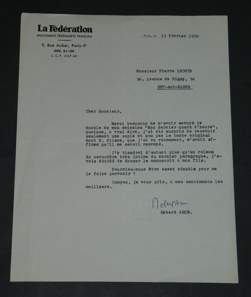Robert ARON - Lettre dactylographi&eacute;e sign&eacute;e &agrave; Pierre LHOSTE, 1956. Robert ARON