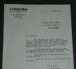 Robert ARON - Lettre dactylographi&eacute;e sign&eacute;e &agrave; Pierre LHOSTE, 1956. Robert ARON