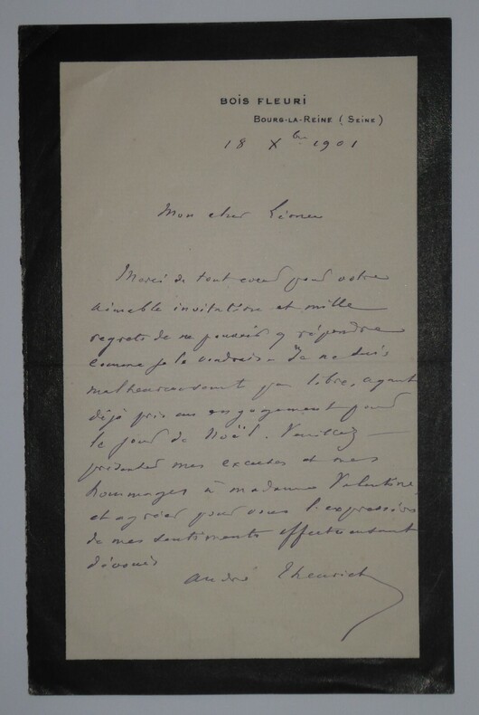 LETTRE AUTOGRAPHE SIGNEE, BOIS FLEURI, SEINE 1901. Andr&eacute; Theuriet