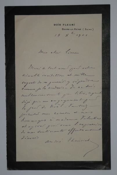 LETTRE AUTOGRAPHE SIGNEE, BOIS FLEURI, SEINE 1901. Andr&eacute; Theuriet