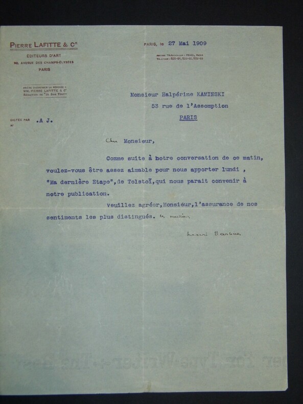 Henri Barbusse - Tapuscrit sign&eacute; - Lettre &agrave; Halp&eacute;rine Kaminski sur Tolsto&iuml; - Pierre Lafitte & Cie. Henri BARBUSSE