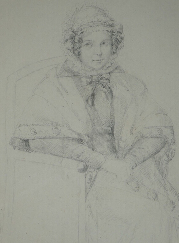 Dessin original au crayon - portrait de femme costume traditionnel sign&eacute; XIX&egrave;me. Agla&eacute; de Marsilly