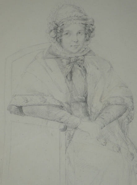 Dessin original au crayon - portrait de femme costume traditionnel sign&eacute; XIX&egrave;me. Agla&eacute; de Marsilly