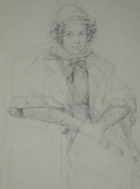 Dessin original au crayon - portrait de femme costume traditionnel signé XIXème