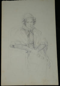 Dessin original au crayon - portrait de femme costume traditionnel signé XIXème