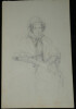 Dessin original au crayon - portrait de femme costume traditionnel sign&eacute; XIX&egrave;me. Agla&eacute; de Marsilly