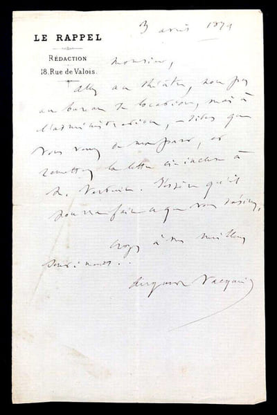 Auguste VACQUERIE, Po&egrave;te - LETTRE AUTOGRAPHE SIGN&Eacute;E, R&eacute;daction Le Rappel, 1879. Auguste VACQUERIE